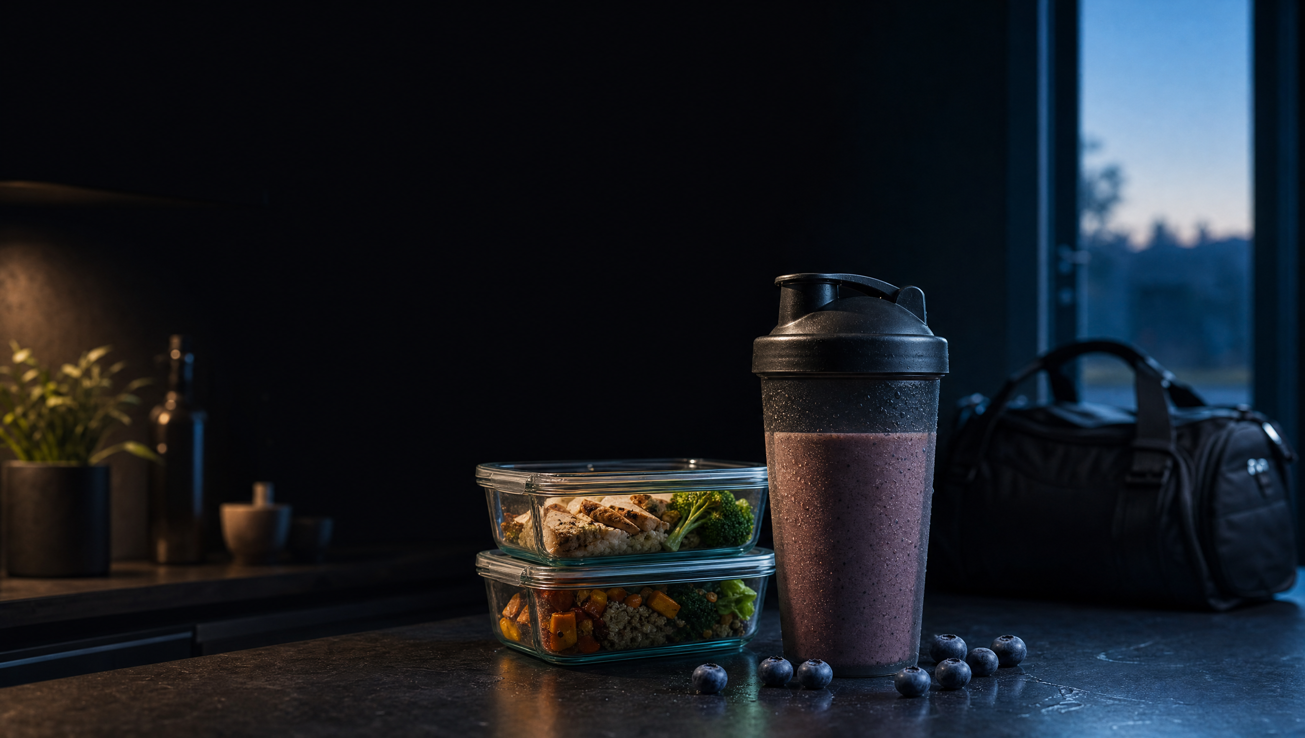 Morgen-Prep Küche mit Shaker und Gym-Bag – Warteliste-Hintergrund